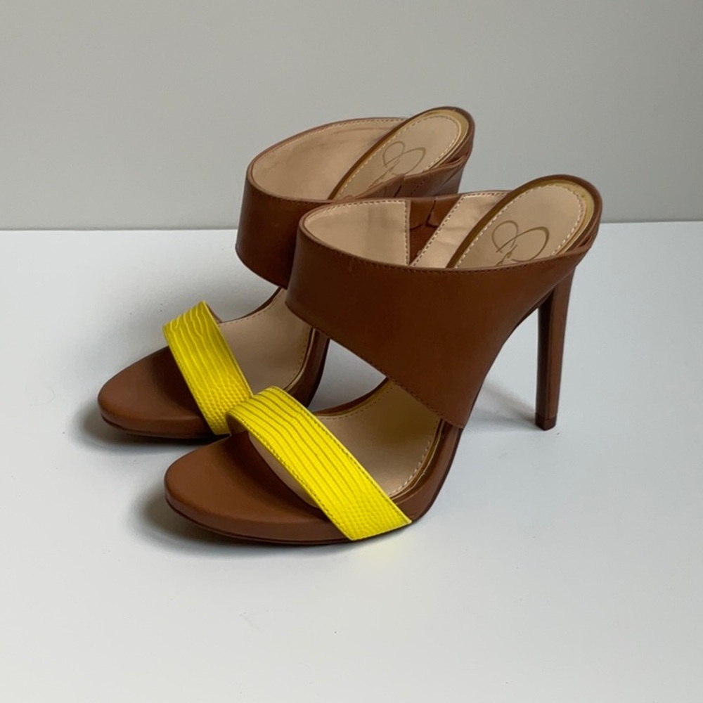 Jessica Simpson Brown and Yellow Heels with Slingback Design
